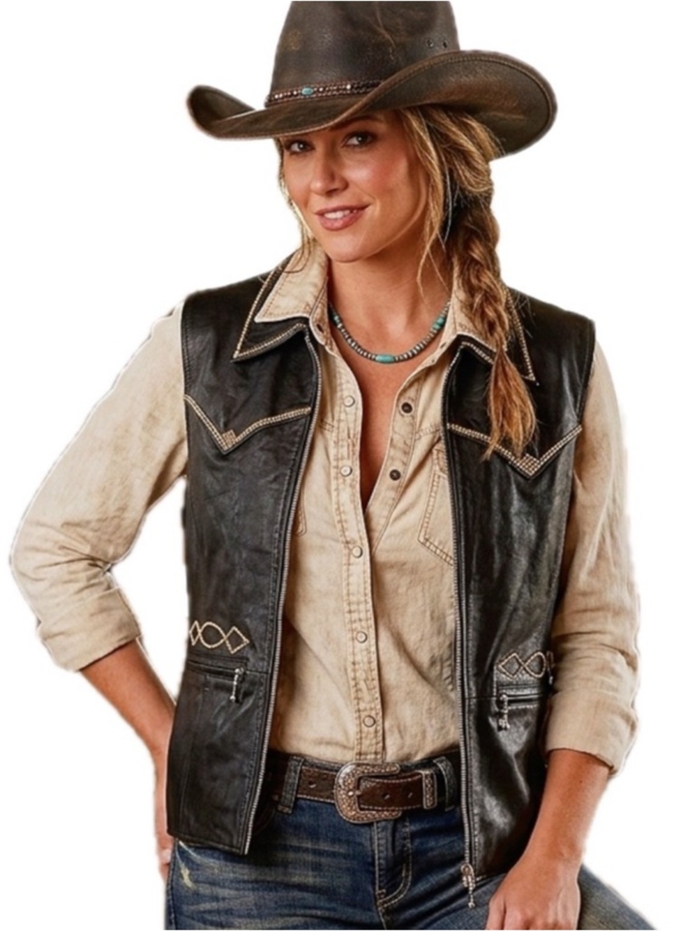 Vintage Cordovan Montreal country Western Studded Leather Vest - Black/Gold EUC